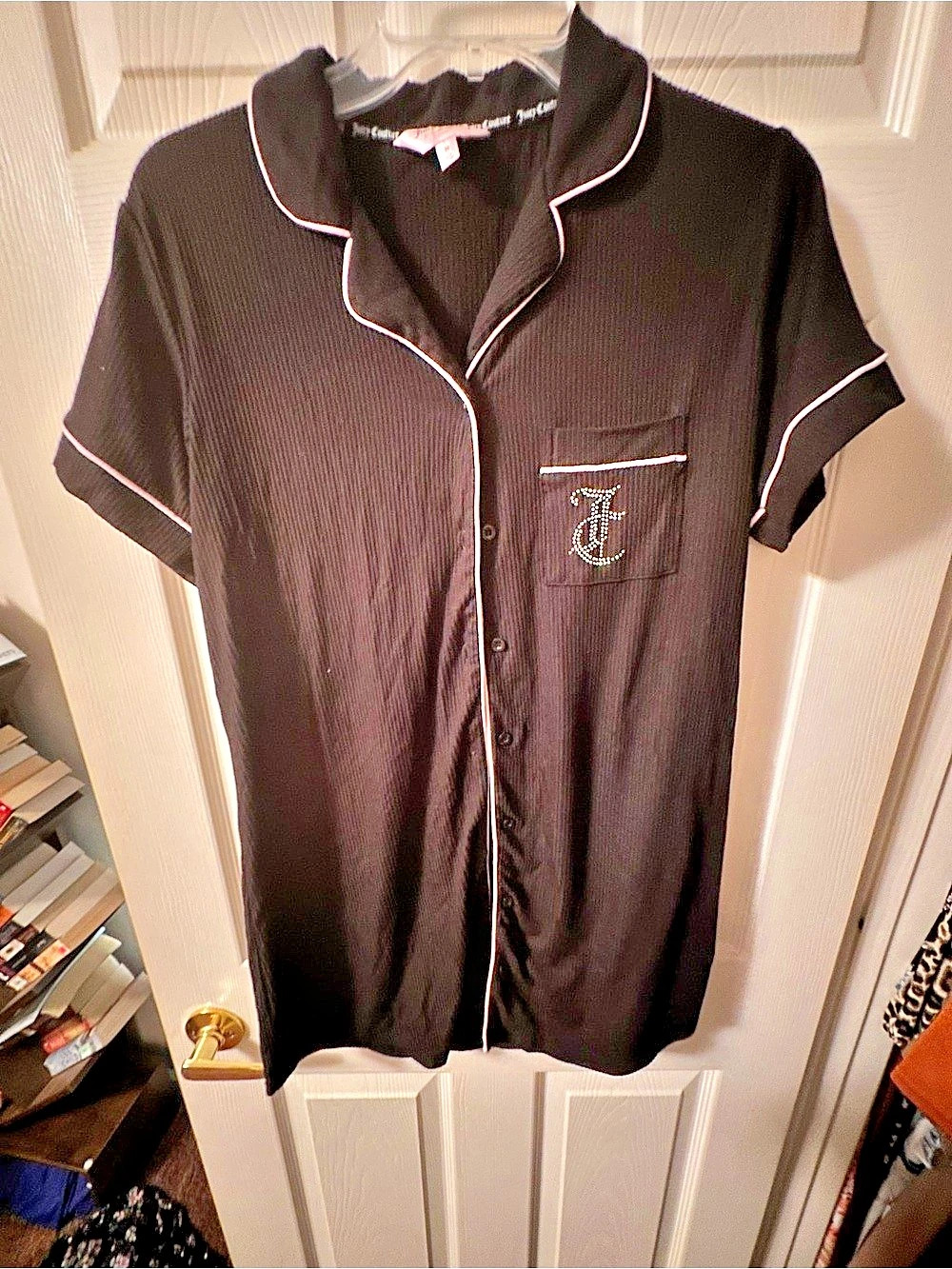 Juicy Couture Ribbed Rhinestone Logo Sleep Shirt Dress Black & Pink Medium Like
